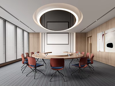 Modern Conference Room Interior Featuring Round Table Red Chairs Large Windows And Wooden Walls 3d model