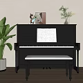 Elegant Black Piano and Decorative Art Supplies in Interior with Music Sheet Bench and Green Plant