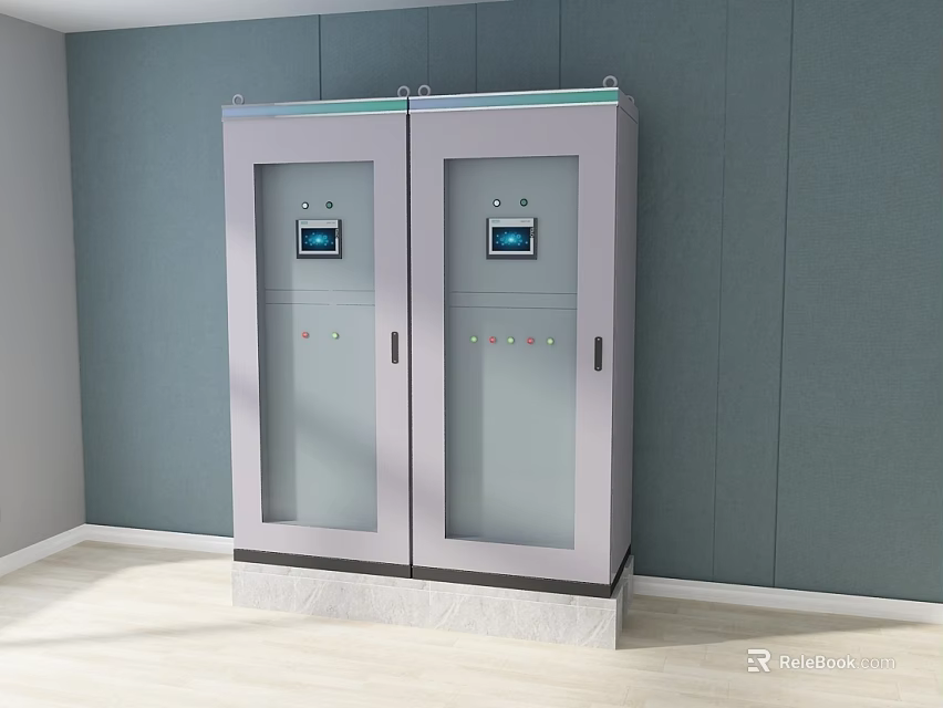 Industrial Control Cabinet With Double Glass Doors Display Screens And Control Buttons 3d model 