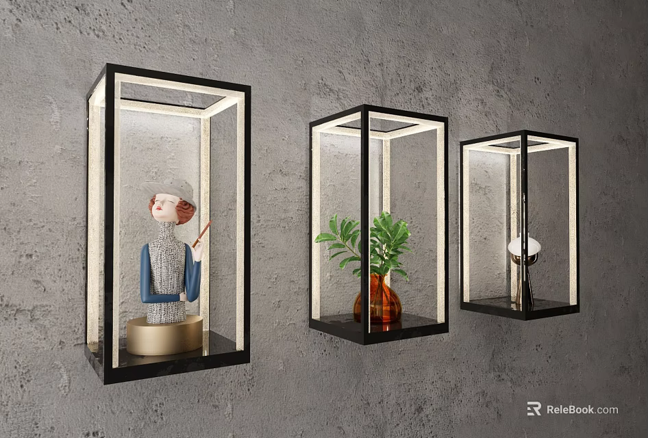 Modern Square Wall Lamps With Decorative Sculpture Plant And Sphere On Textured Gray Wall 3d model 