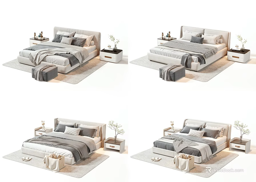 Modern Double Bed Interior Design With Side Tables Footstool Rug Pillows Lamps And Plants 3d model 