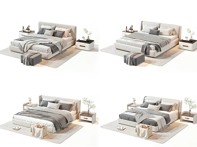 Modern Double Bed Interior Design With Side Tables Footstool Rug Pillows Lamps And Plants 3d model