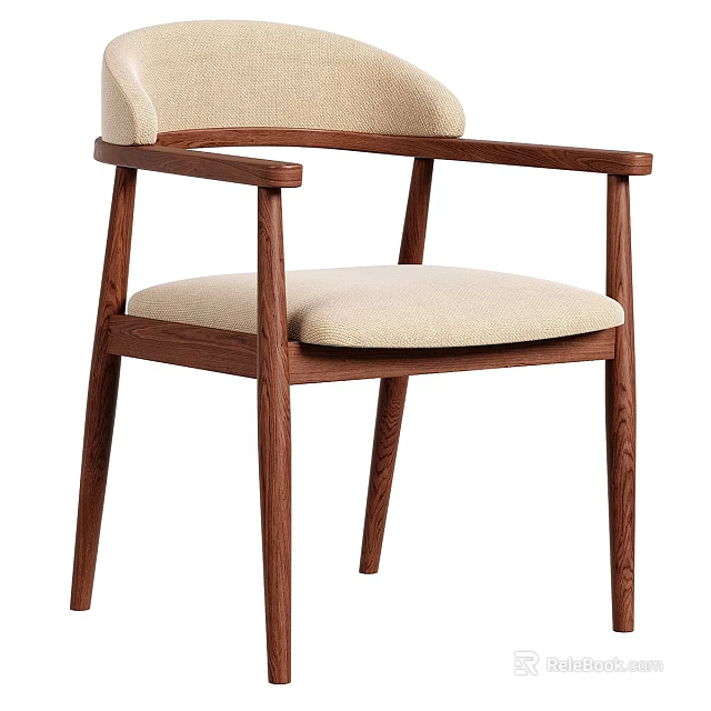 Modern Walnut Wooden Dining Chair With Beige Upholstered Seat Backrest And Armrests 3d model 