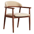 Modern Walnut Wooden Dining Chair With Beige Upholstered Seat Backrest And Armrests