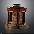 Ancient Style Pavilion Structure With Red Columns Black Roof Decorative Spikes And Brick Walls