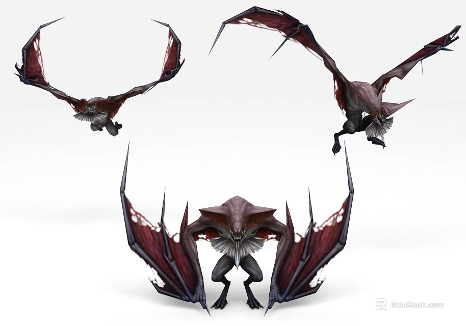 Game and Movie Monster Character With Three Different Angles Red Black Wings Sharp Features 3d model 