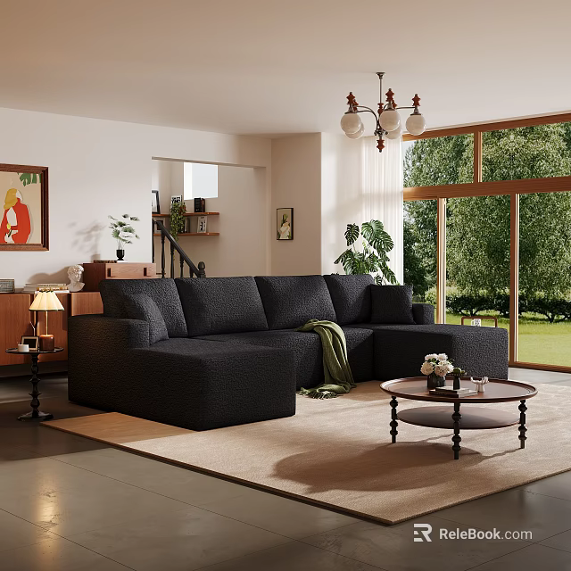 Modern Black Fabric Leisure Sectional Sofa Set For Bright Cozy Sunlit Home Living Room Decor 3d model 