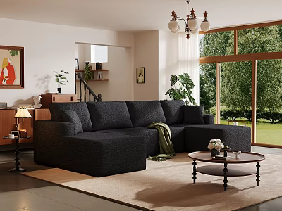 Modern Black Fabric Leisure Sectional Sofa Set For Bright Cozy Sunlit Home Living Room Decor 3d model