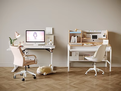 Modern Home Office Desks With Computer Lamp Books Chairs And Stuffed Toy 3d model