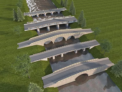 Five Various Designed Bridges Spanning Small River With Green Grass And Trees 3d model