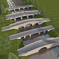 Five Various Designed Bridges Spanning Small River With Green Grass And Trees