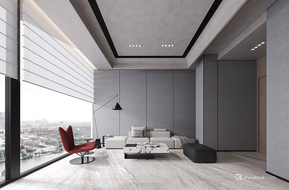 Modern Minimalist Sofa And Coffee Table Set For Spacious Bright Living Room With Panoramic View 3d model 