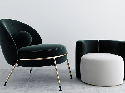 Dark Green Velvet Single Sofa With Golden Metal Legs And Matching White Ottoman 3d model