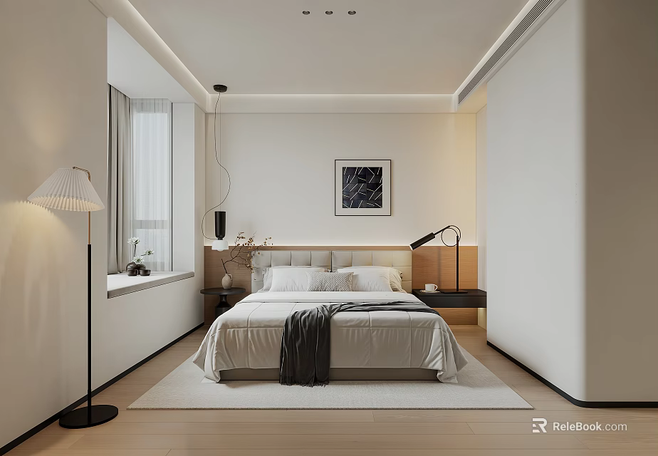 Modern Bedroom Interior Design With Bed Nightstands Wall Art Floor Lamp And Rug 3d model 