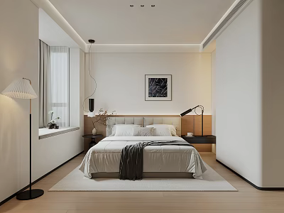 Modern Bedroom Interior Design With Bed Nightstands Wall Art Floor Lamp And Rug 3d model