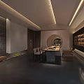 Modern Leisure Area Interior With Wooden Table Chairs And Decorative Wall