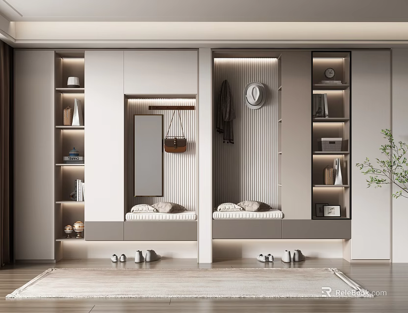 Modern Entryway Shoe Cabinet with Clothing Rack Mirror Decorative Shelves and Storage Space 3d model 