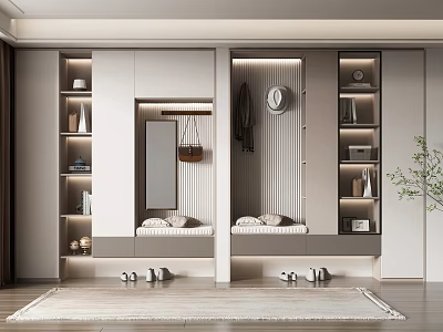 Modern Entryway Shoe Cabinet with Clothing Rack Mirror Decorative Shelves and Storage Space 3d model