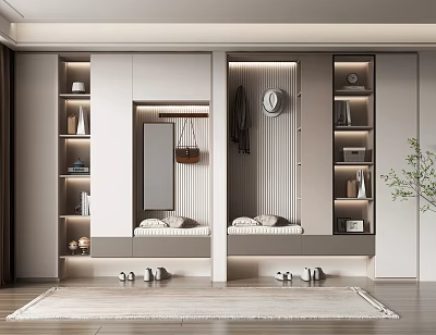 Modern Entryway Shoe Cabinet with Clothing Rack Mirror Decorative Shelves and Storage Space 3d model