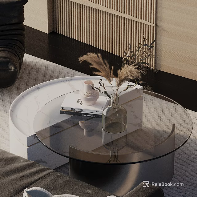 Elegant Sofa and Coffee Table Set with Glass Top Round Table Decorative Vase Books Cup 3d model 