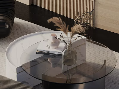 Elegant Sofa and Coffee Table Set with Glass Top Round Table Decorative Vase Books Cup 3d model