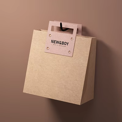 Beige Paper Shopping Bag With Pink Label Black Handle And NEWSBOY Established 2018 3d model