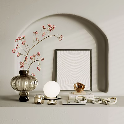 Elegant Decorative Ornament Set With Pink Flower Vase Frame Lamp And Gold Accents 3d model