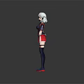 Game and Movie Character With White Hair Dark Outfit Red Skirt and Mechanical Details