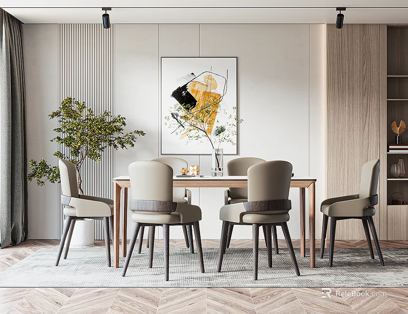 Modern Luxury Restaurant Interior With Dining Table Chairs Green Plants And Artwork 3d model 