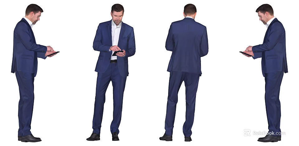 Man Wearing Blue Suit Standing And Using Smartphone In Formal Attire Look 3d model 