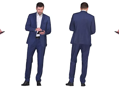 Man Wearing Blue Suit Standing And Using Smartphone In Formal Attire Look 3d model