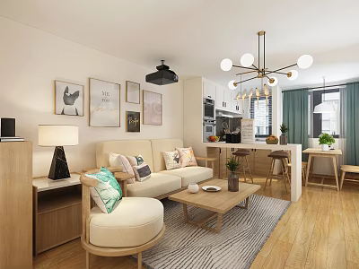 Modern Living And Dining Room Interior With Sofa Coffee Table Open Kitchen And Chandelier 3d model