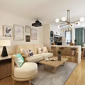 Modern Living And Dining Room Interior With Sofa Coffee Table Open Kitchen And Chandelier