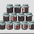 Strawberry Jam Filled Glass Jars Stacked in Pyramid Shape on White Background