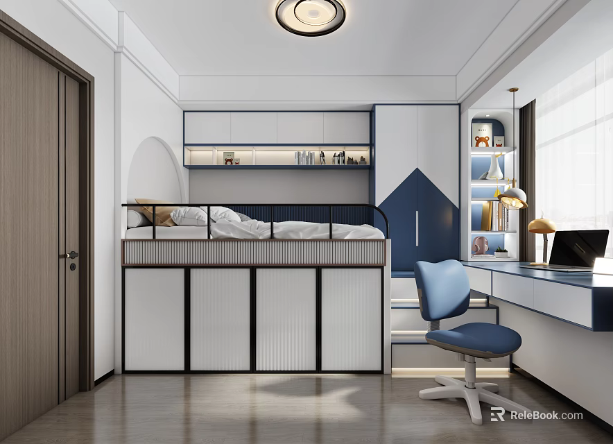 Kids Room Interior Design With Bunk Bed Desk Chair And Bookshelf Natural Light From Window 3d model 