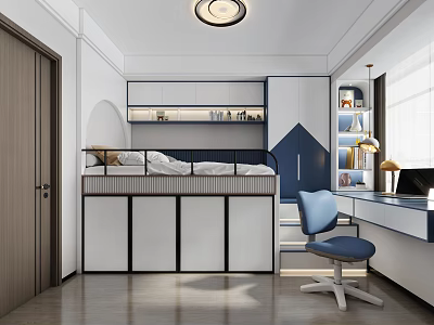 Kids Room Interior Design With Bunk Bed Desk Chair And Bookshelf Natural Light From Window 3d model