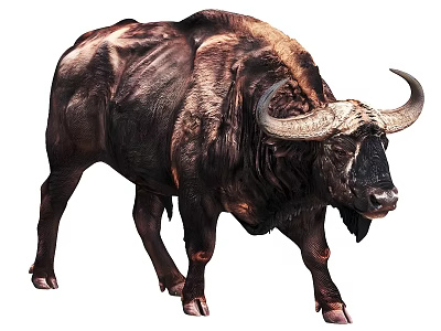 Strong Buffalo With Large Curved Horns And Thick Brown Shaggy Coat 3d model