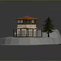 Two Story House With Orange Roof And Pine Tree Near White Platform With Figure