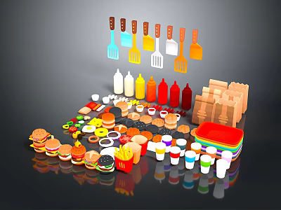 Colorful Plastic Fast Food Models With Burgers Fries Utensils And Containers 3d model