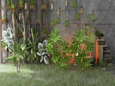 Garden Decor With Lush Green Plants Hanging Planters And Wooden Shelves On Gray Wall 3d model