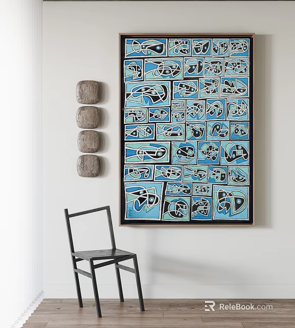 Abstract Colorful Art Painting With Cylindrical Wall Decorations And Black Chair 3d model 