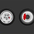 Two Car Tires With Silver Rims Red Accents And Reflective Surfaces On Dark Background
