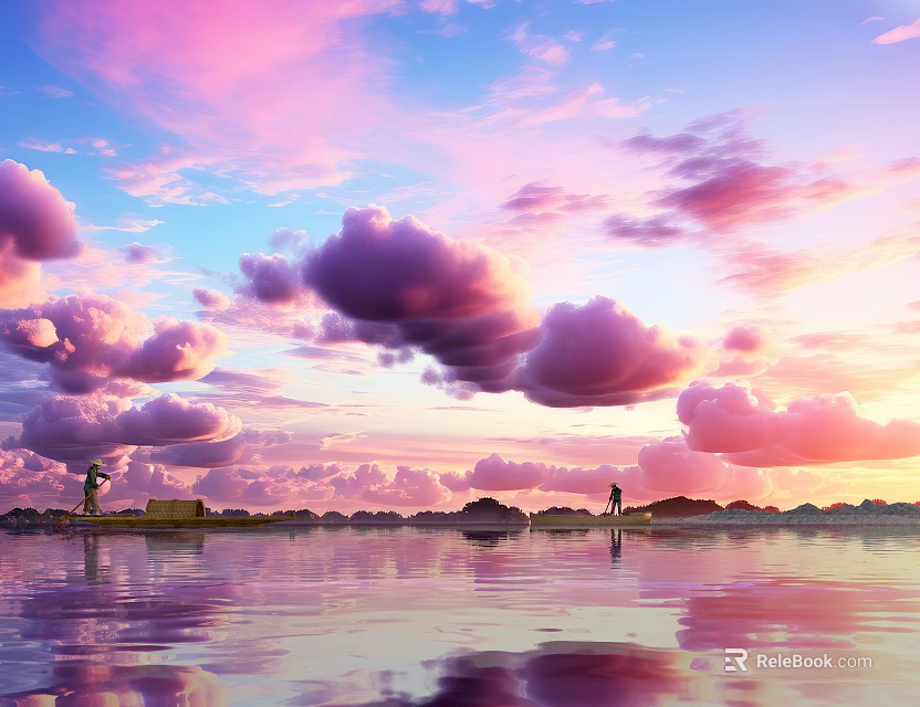 Beautiful Sunset Sky With Large Clouds Over Calm Water Reflections And Distant Islands Lighthouse 3d model 