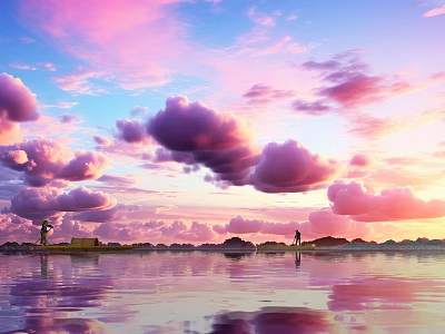 Beautiful Sunset Sky With Large Clouds Over Calm Water Reflections And Distant Islands Lighthouse 3d model