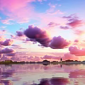 Beautiful Sunset Sky With Large Clouds Over Calm Water Reflections And Distant Islands Lighthouse