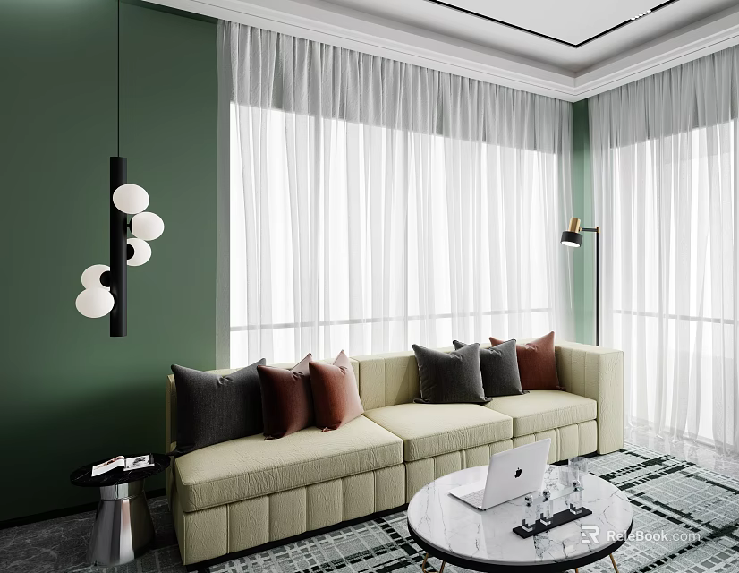 Beige Multi Person Sofa with Colorful Cushions Green Wall White Curtains and Round Coffee Table 3d model 