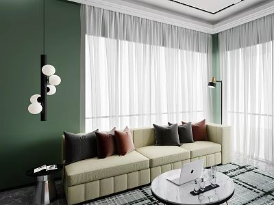 Beige Multi Person Sofa with Colorful Cushions Green Wall White Curtains and Round Coffee Table 3d model