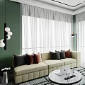 Beige Multi Person Sofa with Colorful Cushions Green Wall White Curtains and Round Coffee Table