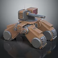 Multi Legged Brown Mechanical Robot Featuring Cannon Turret And Tracked Wheel Design 3d model