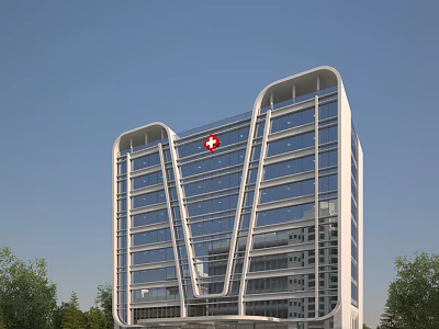 Modern High Rise Hospital Building with Glass Curtain Walls Red Cross Symbol and Trees 3d model